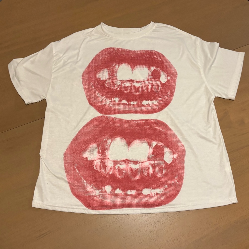 White Shirt with Pink Lips Print